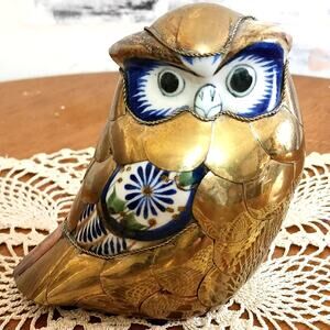 Vintage Mixed Metal Ceramic Owl Figurine Brass Tone Floral Inlay Decor